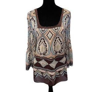 Y2K Nicola Brown & Blue Square Neck Bell Sleeve Top Whimsigoth Flowy Fairy 90s